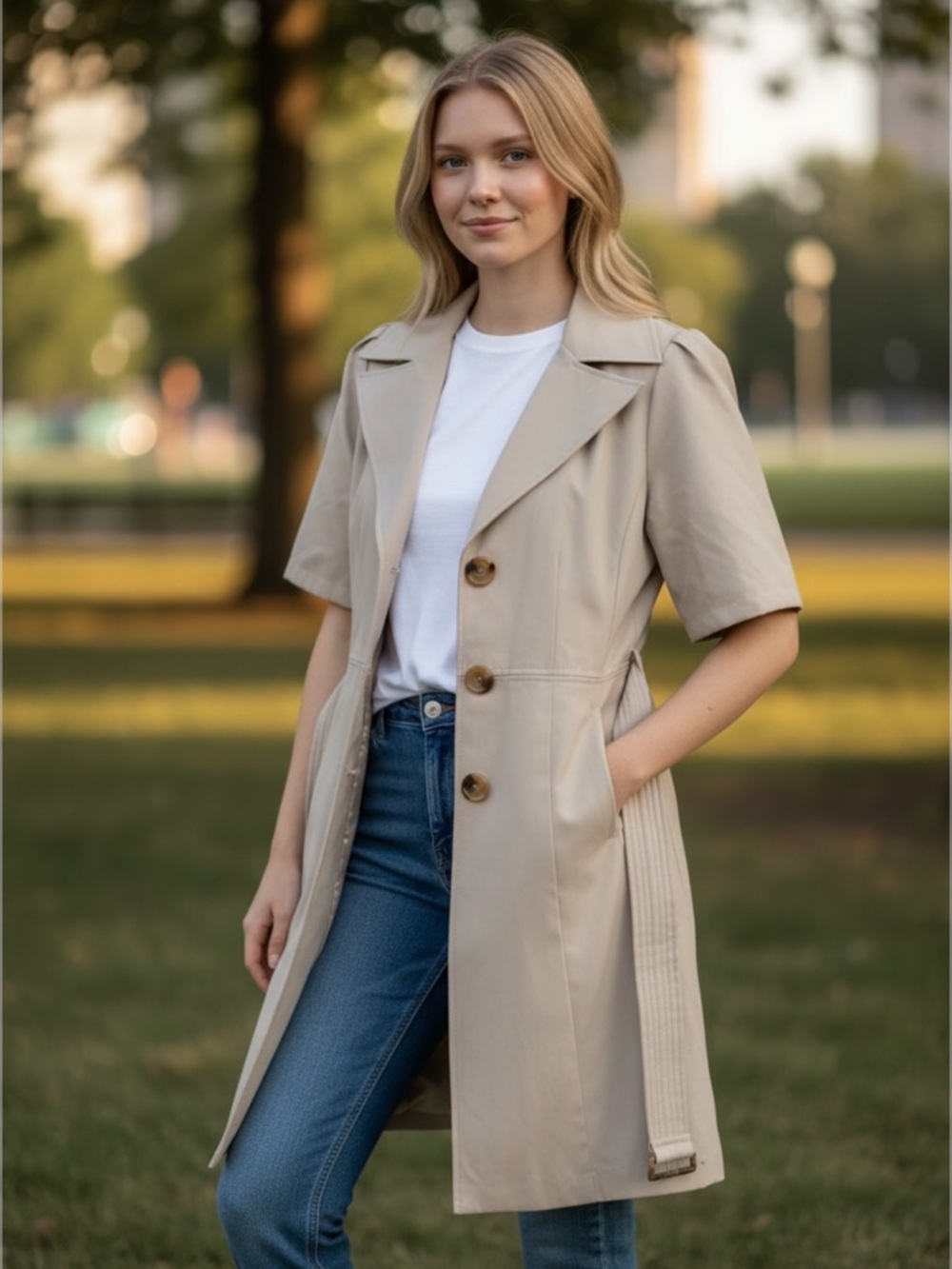 Weatherproof Neutral Beige Trench Coat with Belt
